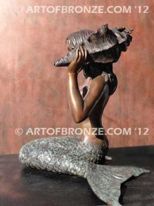 Bronze mermaid sculpture holding oyster shell for pond, pool or aquatic display