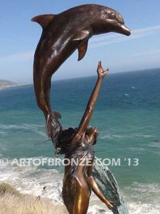 Inspiration limited edition bronze gallery artwork female and dolphin sculpture for pond, pool or aquatic display