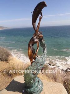 Inspiration limited edition bronze gallery artwork female and dolphin sculpture for pond, pool or aquatic display