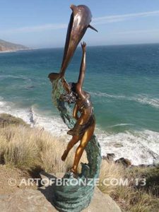 Inspiration limited edition bronze gallery artwork female and dolphin sculpture for pond, pool or aquatic display