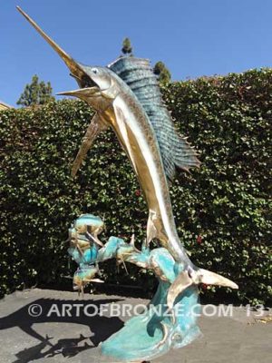 Full Sail bronze blue-water fishing sculpture of billfish- sailfish, marlin and swordfish fine art gallery