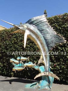 Full Sail bronze blue-water fishing sculpture of billfish- sailfish, marlin and swordfish fine art gallery