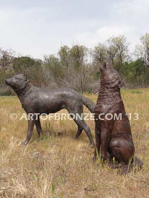 Leaders of the Pack bronze wolf sculpture pair for school mascot, universities, zoo or private home