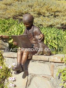 Love and Devotion sculpture of young reader girl with dog and book