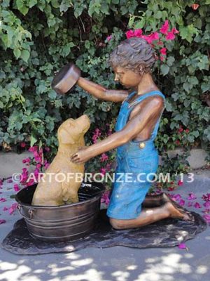 Bath time bronze sculpture fountain of boy washing his dog