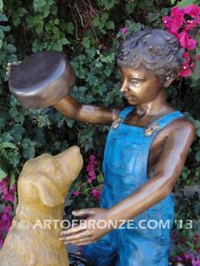 Bath time bronze sculpture fountain of boy washing his dog