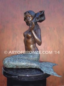 Bronze mermaid sculpture holding oyster shell for pond, pool or aquatic display