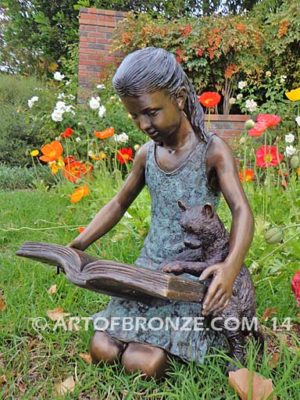 Shared Memories bronze sculpture of girl playing with her cat