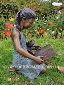 Shared Memories bronze sculpture of girl playing with her cat