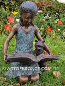 Shared Memories bronze sculpture of girl playing with her cat