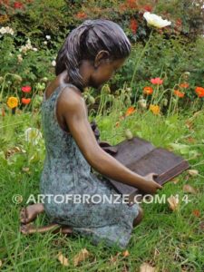 Shared Memories bronze sculpture of girl playing with her cat