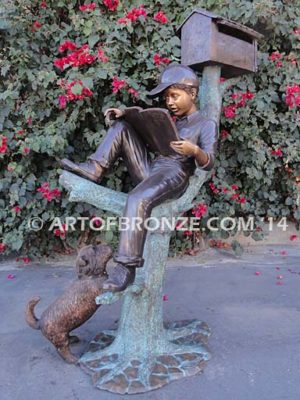 Waiting Patiently bronze sculpture mailbox of boy reading book with his dog