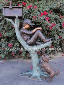 Waiting Patiently bronze sculpture mailbox of boy reading book with his dog