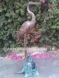 Still Life lost wax casting of standing crane fountain for pool, pond or home