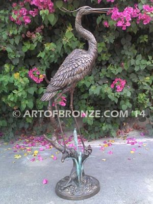 Still Life lost wax casting of standing crane fountain for pool, pond or home