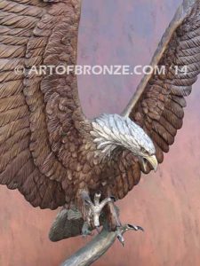 Bronze sculpture of flying bald eagle for indoor or outdoor display