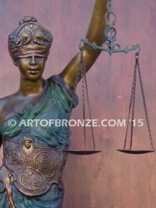 Blind Justice monumental bronze sculpture of Lady Justice holding scales for law firm or lawyers office