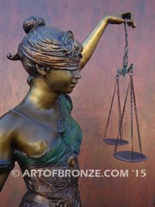 Blind Justice monumental bronze sculpture of Lady Justice holding scales for law firm or lawyers office