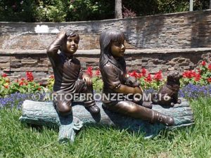 Magic Memories bronze sculpture two children playing with dog for garden or yard display