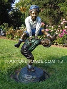 Leapfrog bronze sculpture of boy jumping over his brother