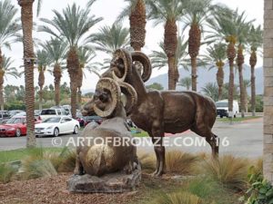 High Places Outdoor heroic bronze life-size pair of bighorn sheep ram sculptures