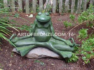 Frog Meditating sculpture of green frog cast into bronze for outdoor and garden display