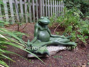 Frog Meditating sculpture of green frog cast into bronze for outdoor and garden display