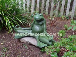 Frog Meditating sculpture of green frog cast into bronze for outdoor and garden display