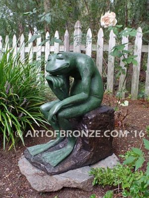 Frog Thinker sculpture of green frog cast into bronze for outdoor and garden display