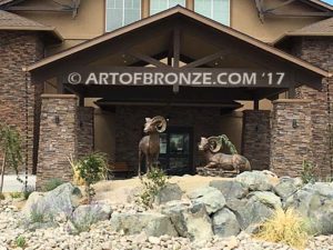 High Places Outdoor heroic bronze life-size pair of bighorn sheep ram sculptures