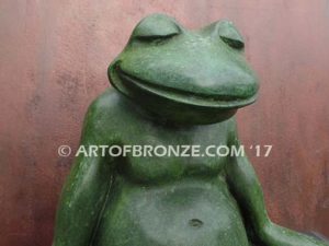 Frog Meditating sculpture of green frog cast into bronze for outdoor and garden display