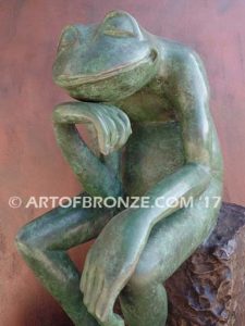 Frog Thinker sculpture of green frog cast into bronze for outdoor and garden display