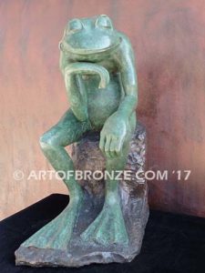 Frog Thinker sculpture of green frog cast into bronze for outdoor and garden display