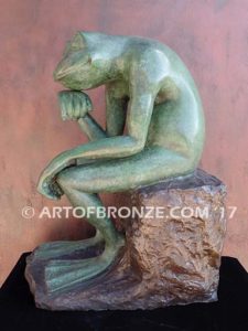 Frog Thinker sculpture of green frog cast into bronze for outdoor and garden display