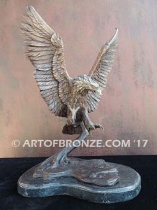 Bronze sculpture of nostalgic like Harley Davidson flying bald eagle for indoor or outdoor display