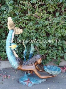 Bronze mermaid sculpture holding oyster shell for pond, pool or aquatic display