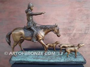 Hunting Day sculpture of hunting rider and scent hounds gift award attached to marble base