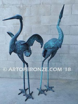 Heron Pair lost wax casting of pair of cranes for fountain