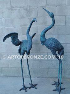 Heron Pair lost wax casting of pair of cranes for fountain