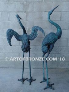 Heron Pair lost wax casting of pair of cranes for fountain