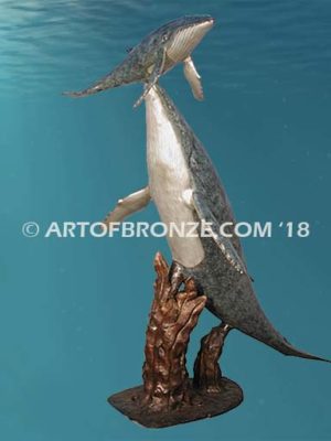 Together marine art bronze sculpture mother & calf humpback whale fountain