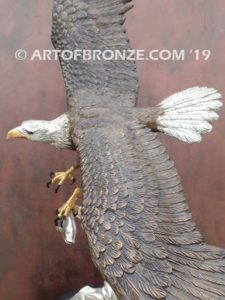 Bronze sculpture of flying bald eagle for indoor or outdoor display