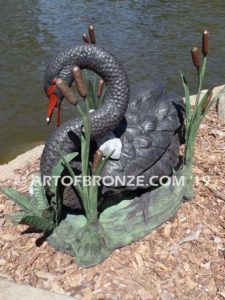 Black Swan outdoor life-size statue of swan and playing cygnets