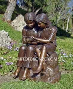 Blessing Hands garden statue of two girls sitting on rock base holding a bird