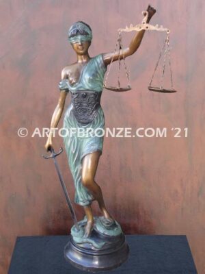 Blind Justice monumental bronze sculpture of Lady Justice holding scales for law firm or lawyers office