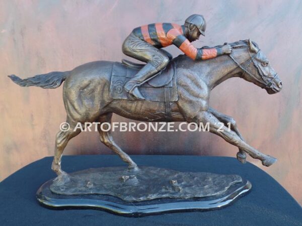 Down the Stretch, horse racing bronze sculpture of jockey and running thoroughbred