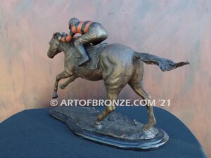 Down the Stretch, horse racing bronze sculpture of jockey and running thoroughbred