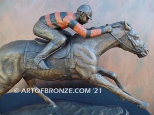 Down the Stretch, horse racing bronze sculpture of jockey and running thoroughbred