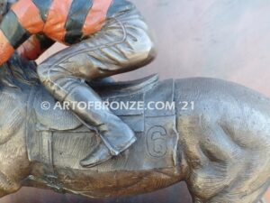 Down the Stretch, horse racing bronze sculpture of jockey and running thoroughbred