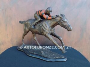 Down the Stretch, horse racing bronze sculpture of jockey and running thoroughbred